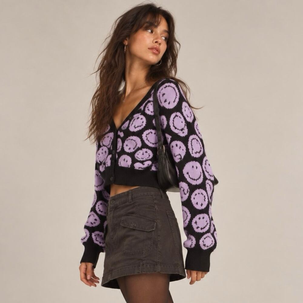 NWT H&M x Smiley Jacquard Knit Wool Blend Cardigan L Retro Y2K Whimsical Artsy